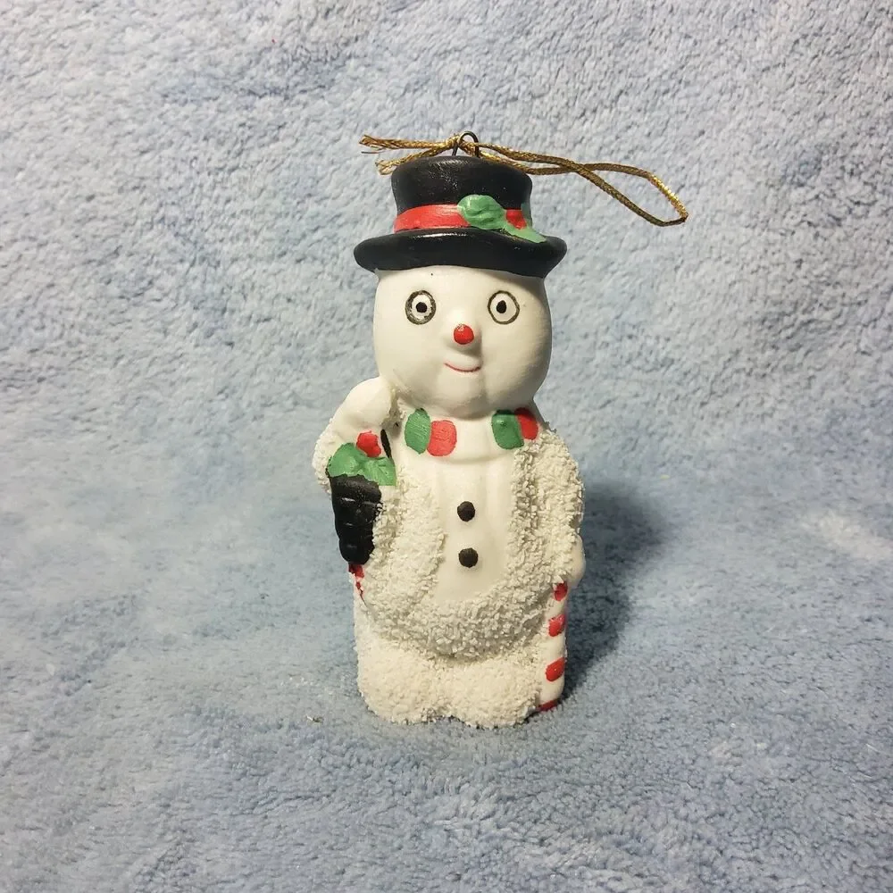 Vintage Textured Bisque Porcelain Snowman Christmas Ornament Top Hat Candy Cane